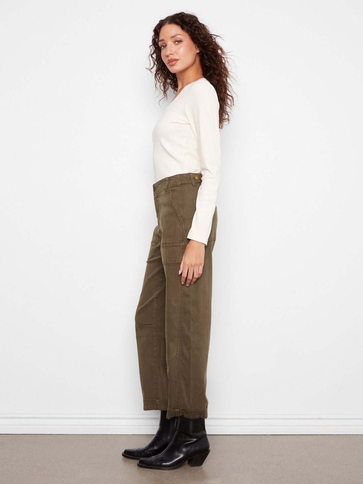 Cropped Barrel Leg Twill Pants - Olive