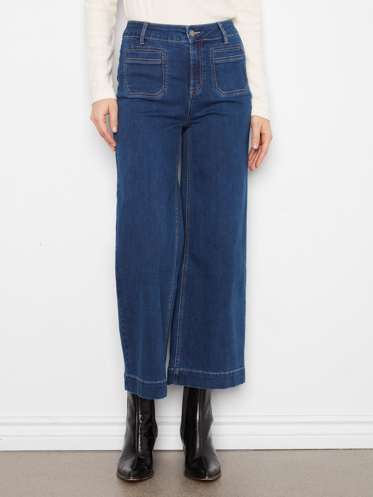 Cropped Patch Pocket Wide Leg Jeans - Indigo