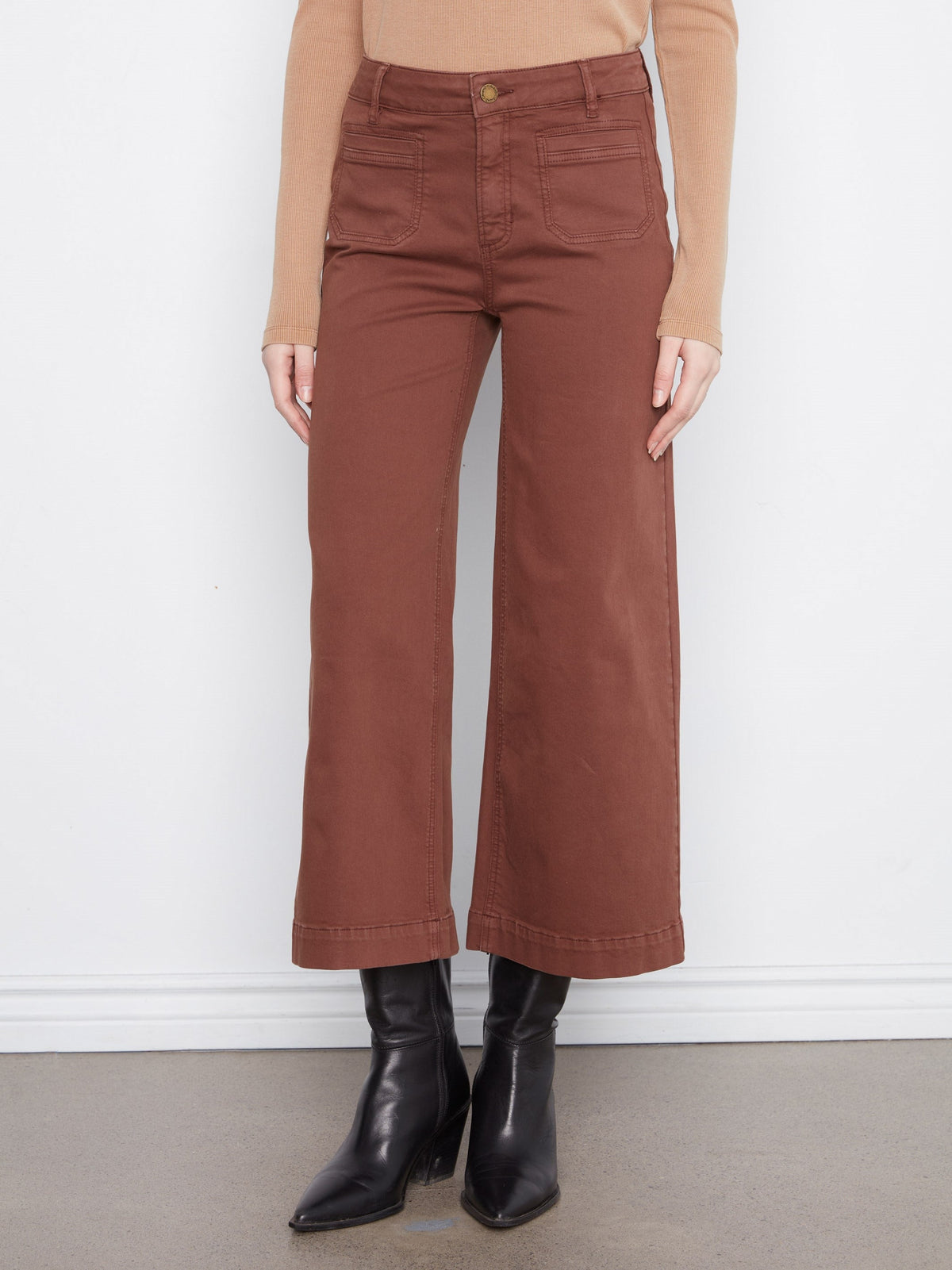 Cropped Patch Pocket Wide Leg Twill Pants - Chocolate