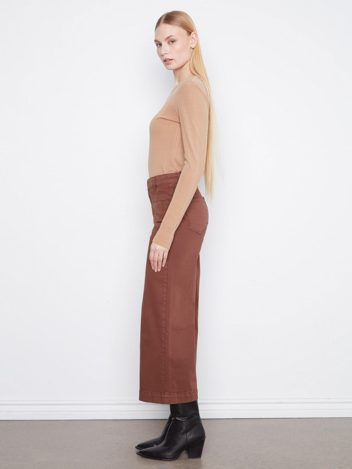 Cropped Patch Pocket Wide Leg Twill Pants - Chocolate
