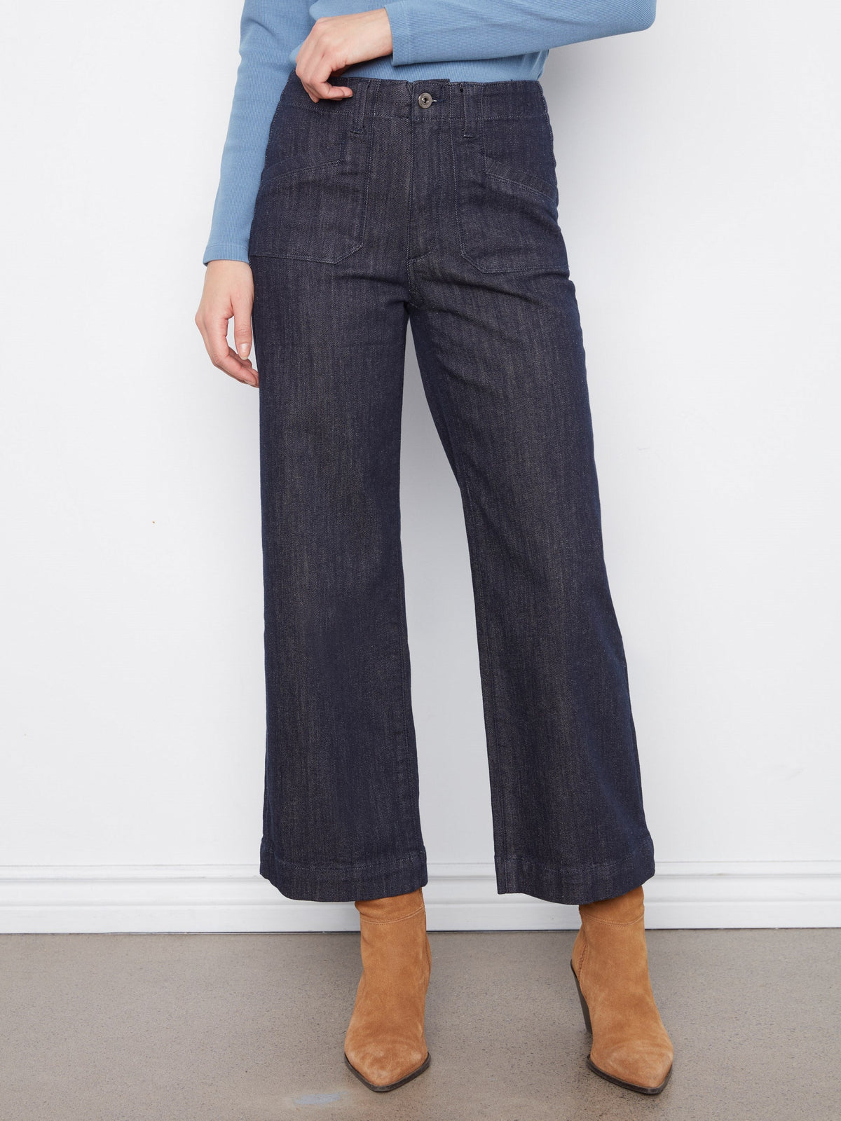 Cropped Wide Leg Stretch Jeans - Deep Blue