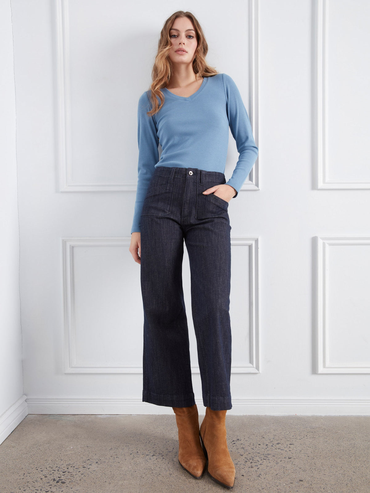 Cropped Wide Leg Stretch Jeans - Deep Blue