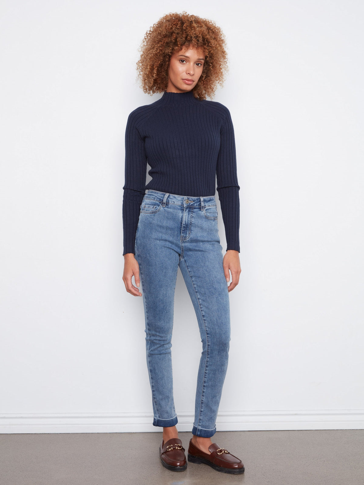 Cuffed Hem Jeans - Medium Blue