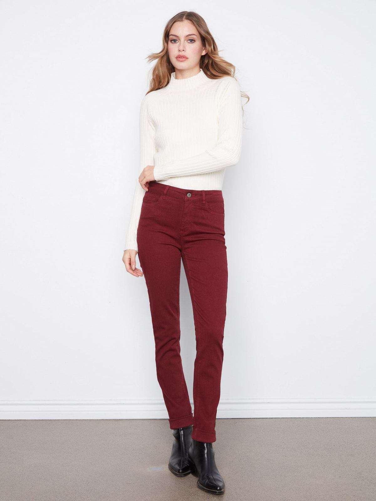 Cuffed Hem Twill Jeans - Merlot