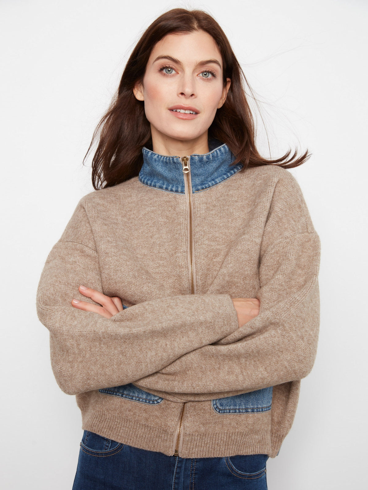Denim Detail Sweater Jacket - Heather Sand