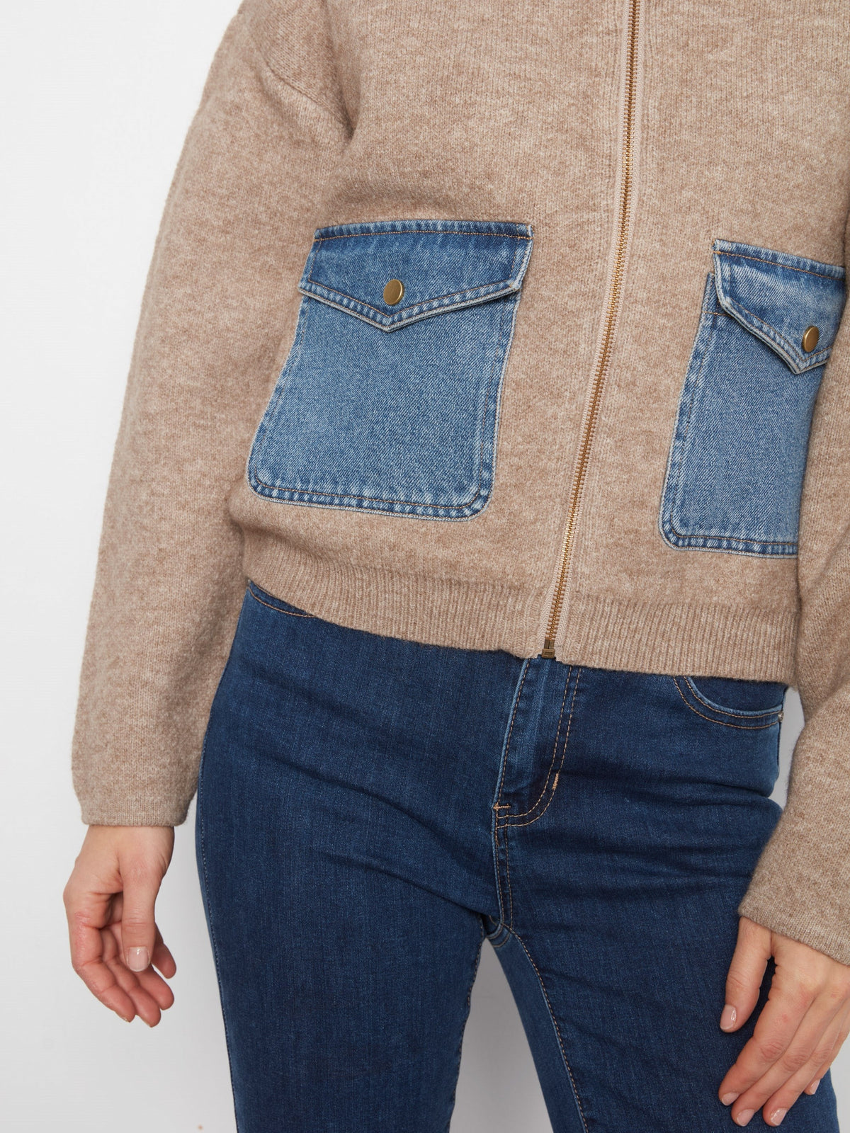 Denim Detail Sweater Jacket - Heather Sand