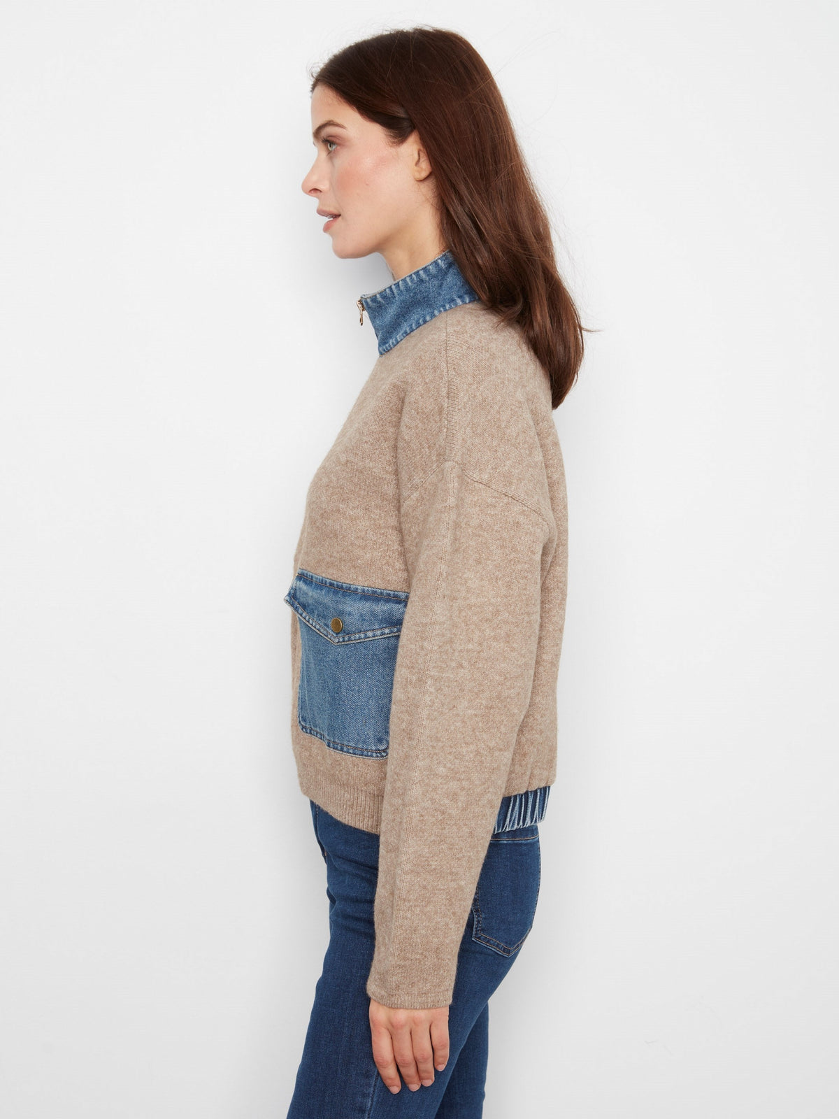 Denim Detail Sweater Jacket - Heather Sand