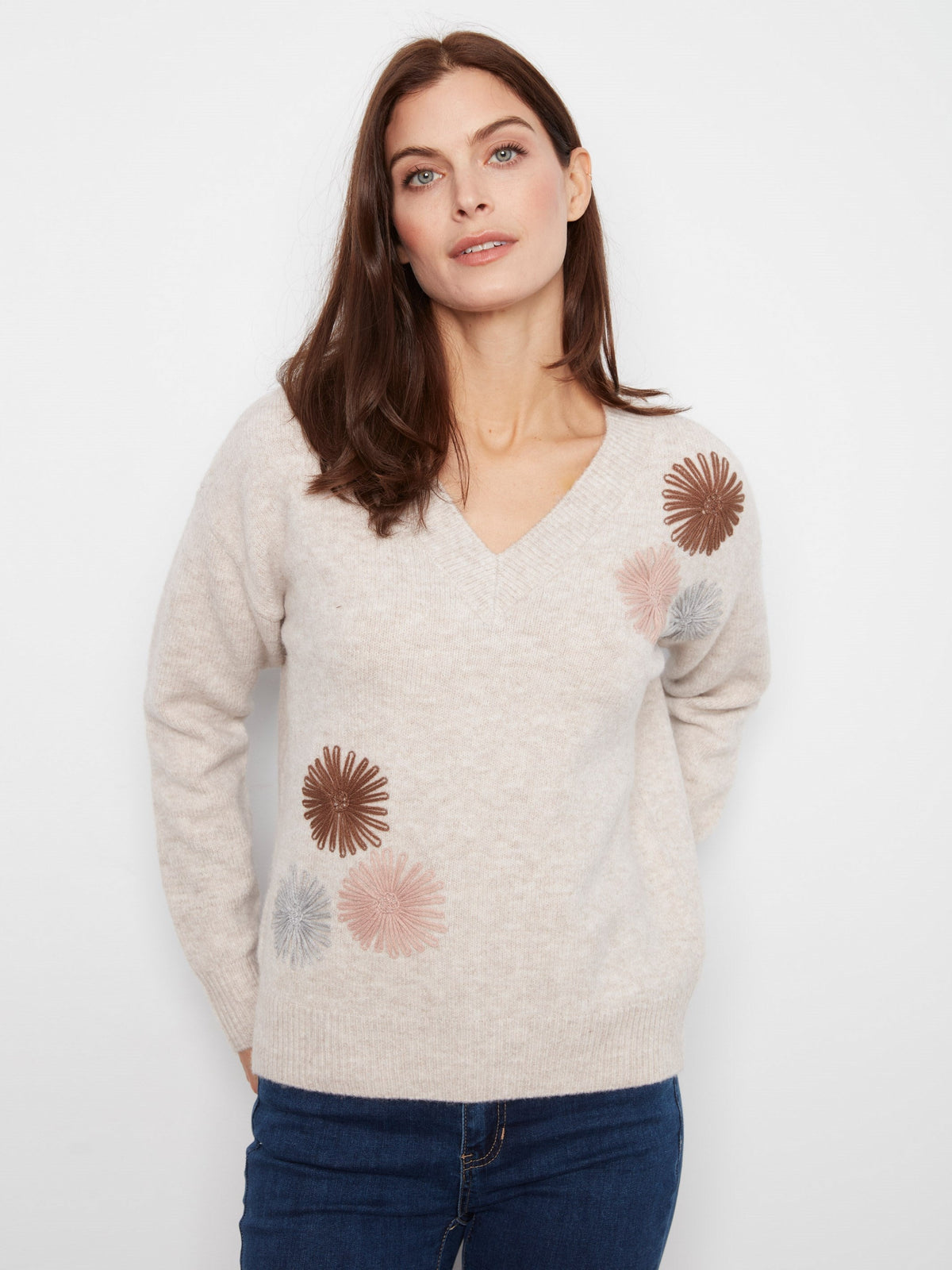 Drop Shoulder Embroidered V-Neck Sweater - Heather Oat