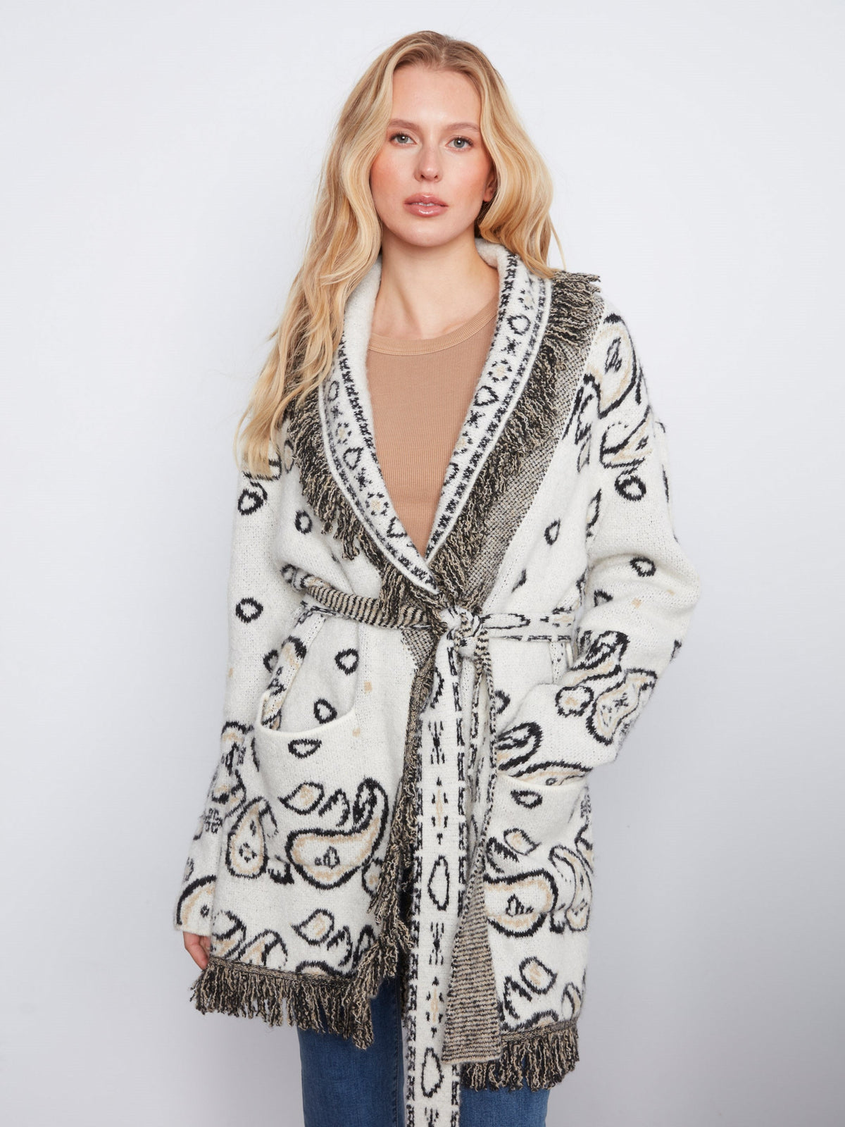 Fringed Belted Cardigan - Ecru