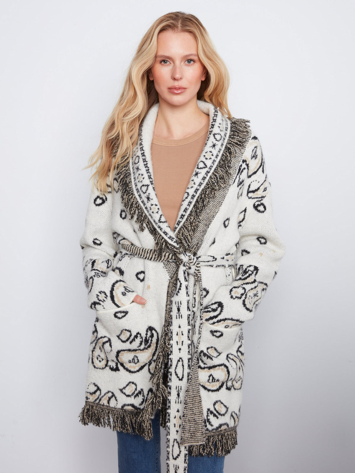 Fringed Belted Cardigan - Ecru
