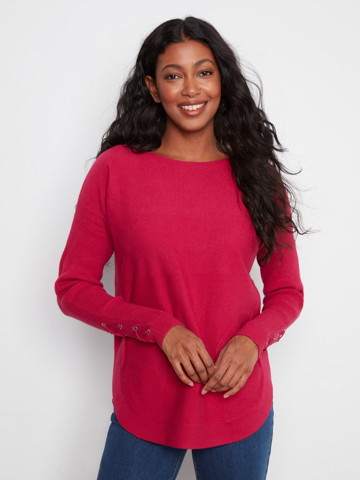 Knit Sweater With Lace-Up Cuffs - Cherry