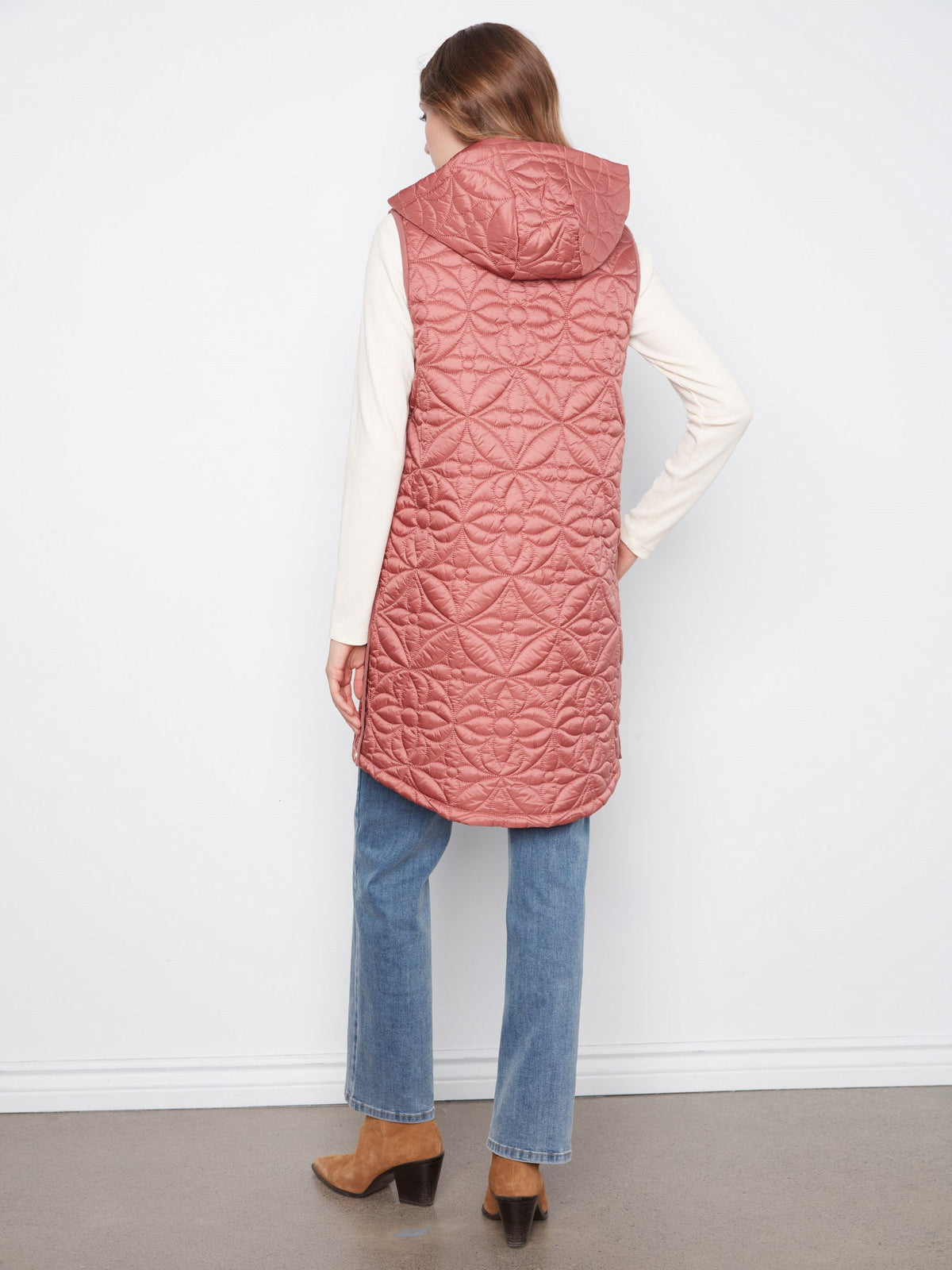 Long Hooded Puffer Vest - Rosebud