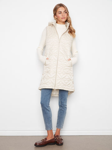 Long Hooded Puffer Vest - Pearl