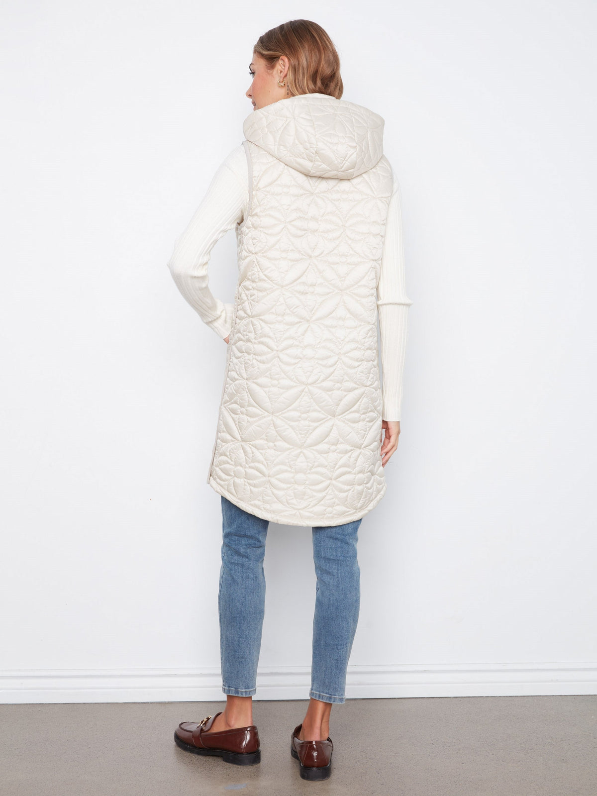 Long Hooded Puffer Vest - Pearl