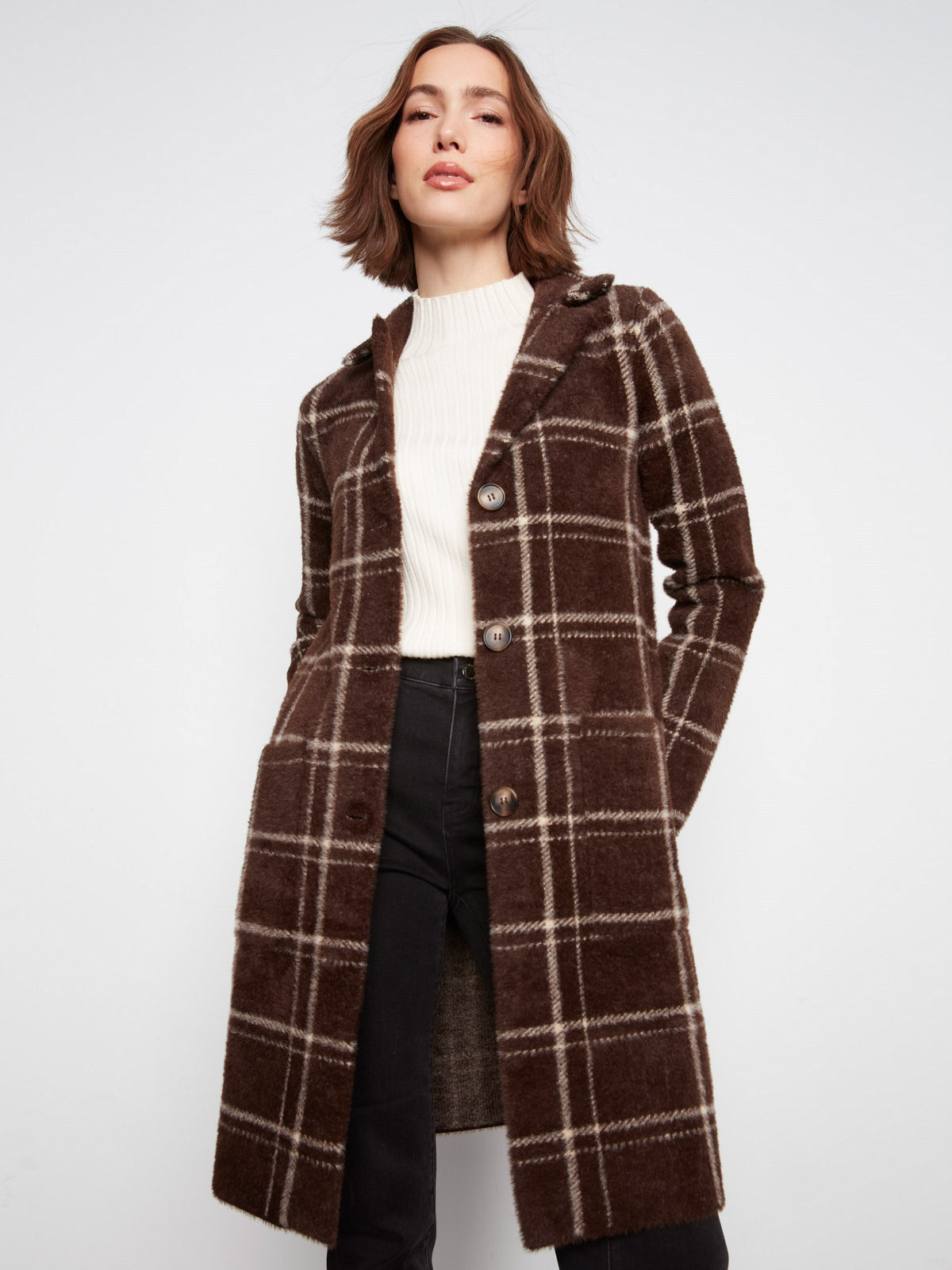 Long Plaid Knit Coatigan - Chocolate