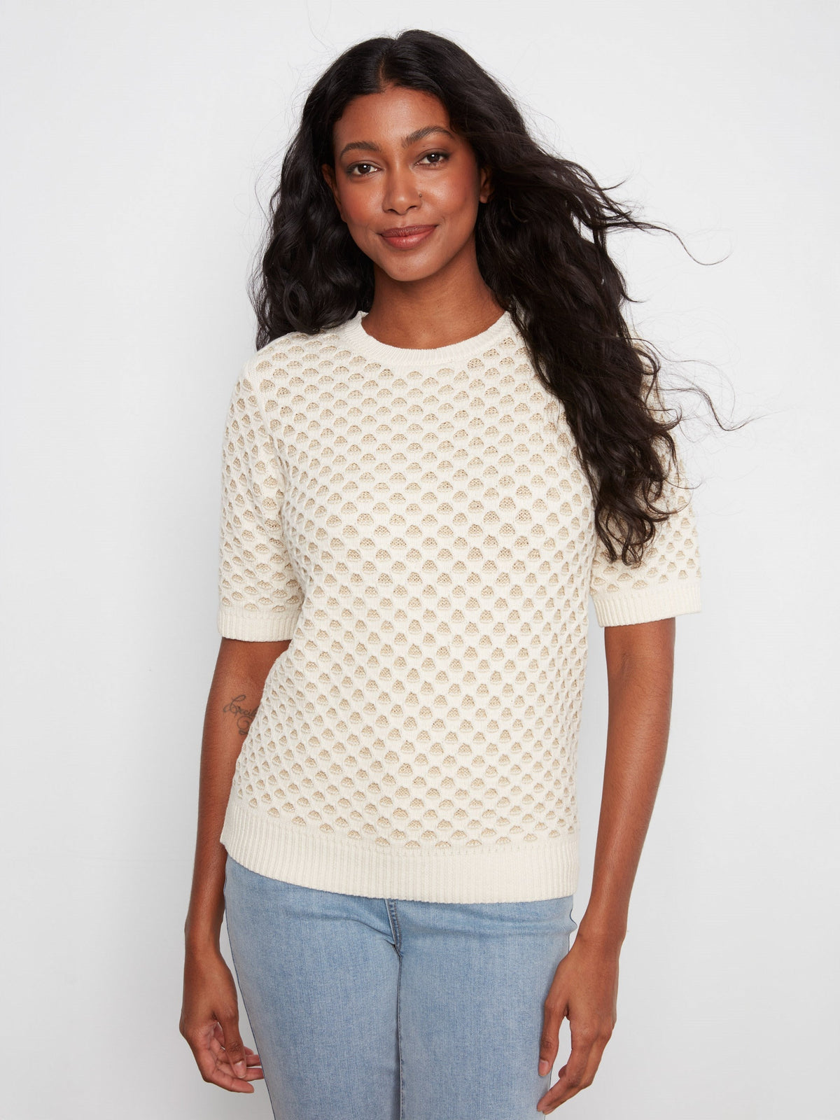 Metallic Honeycomb Short Sleeve Sweater - Ecru