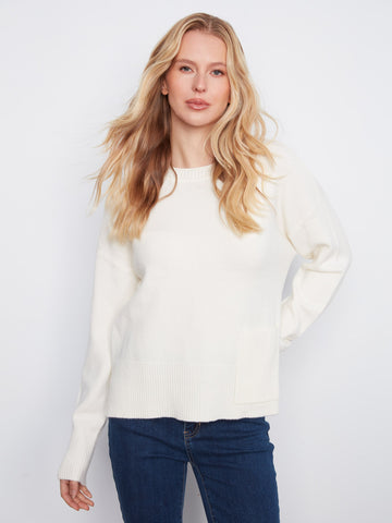 Patch Pocket Crew Neck Sweater - Ecru