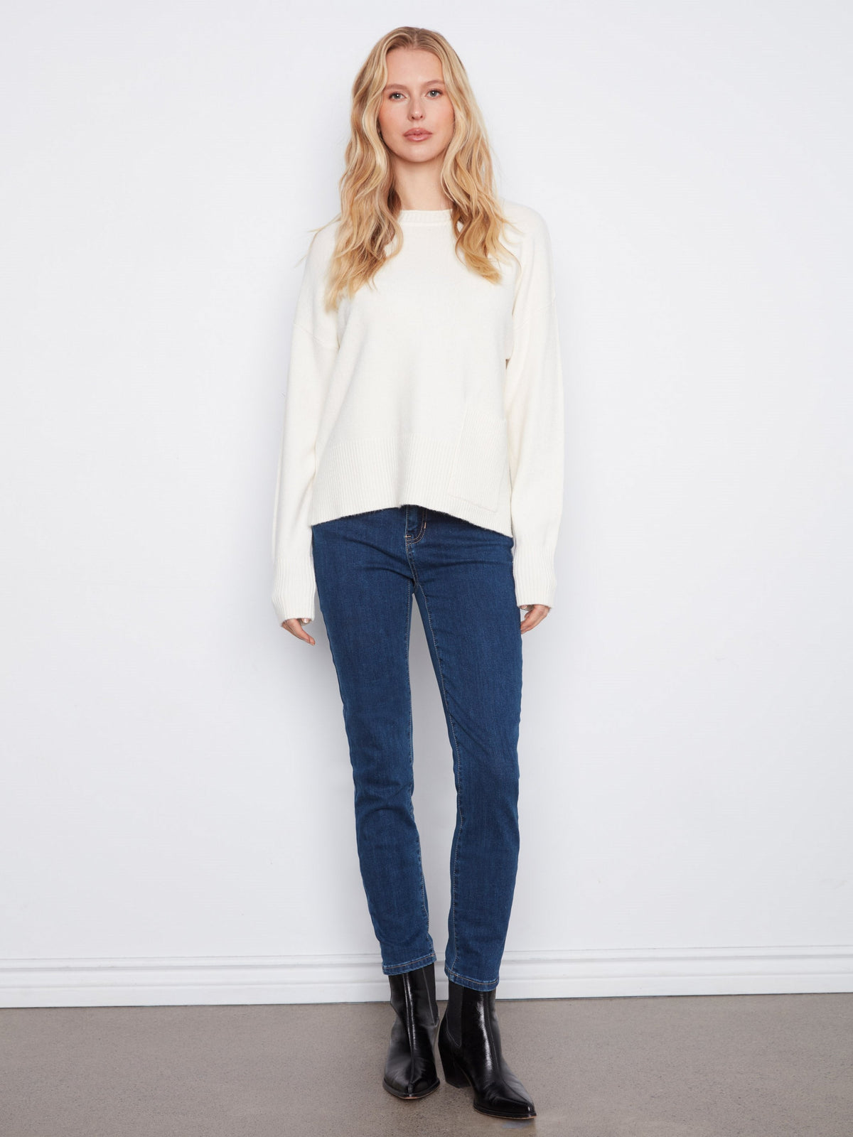 Patch Pocket Crew Neck Sweater - Ecru