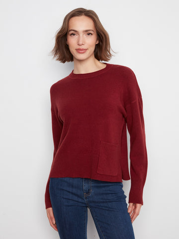 Patch Pocket Crew Neck Sweater - Merlot