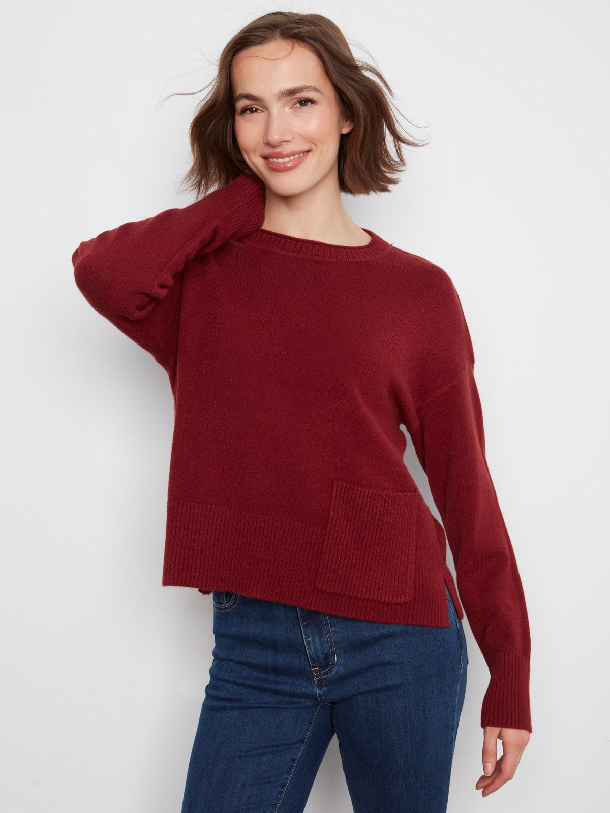 Patch Pocket Crew Neck Sweater - Merlot