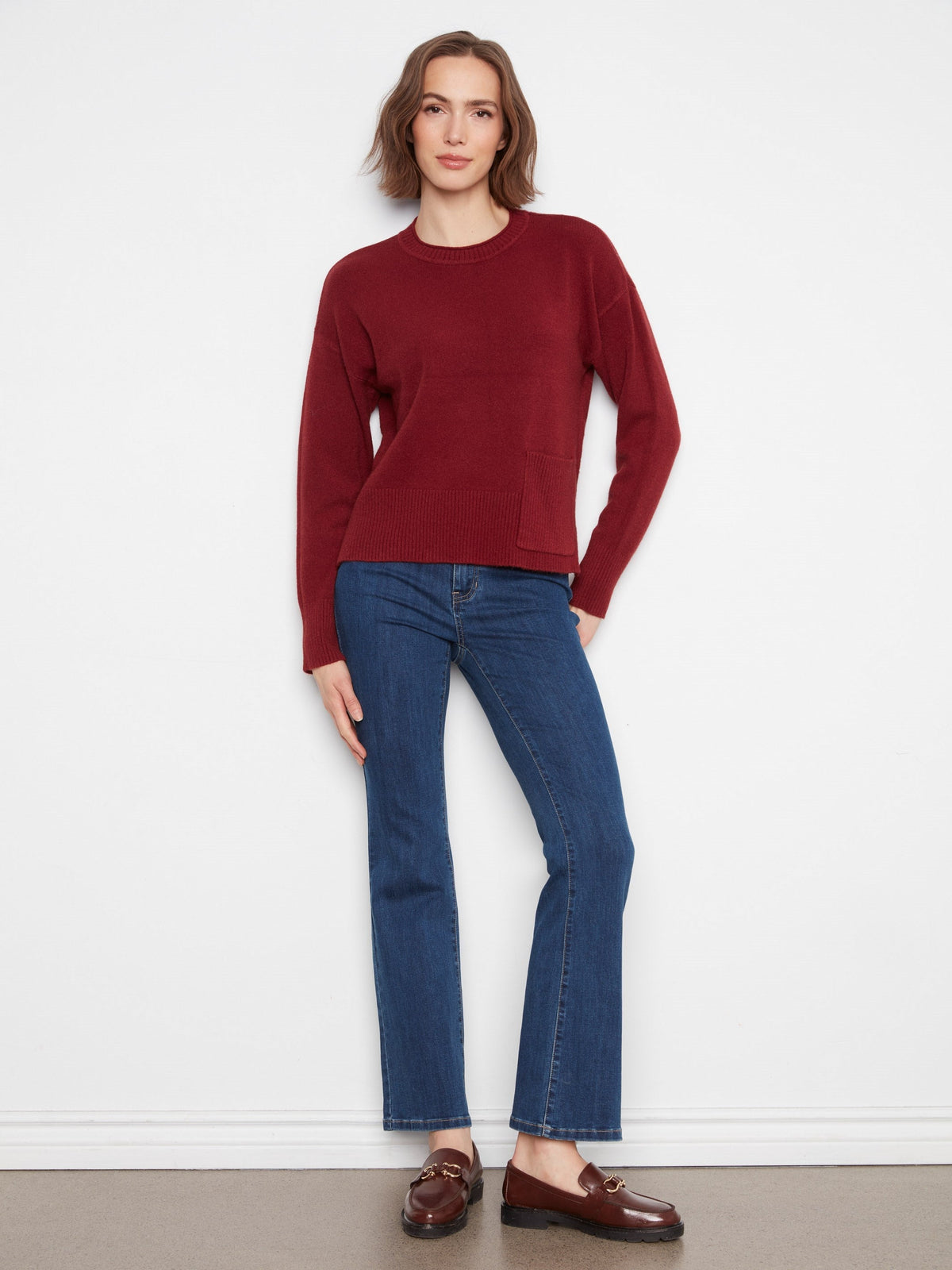 Patch Pocket Crew Neck Sweater - Merlot