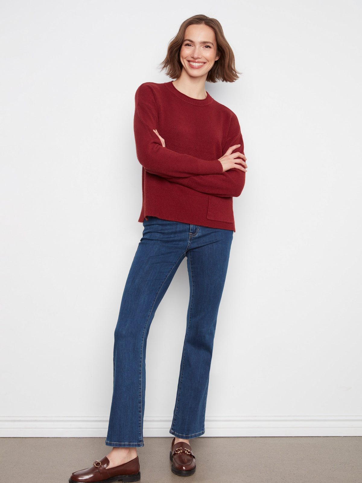 Patch Pocket Crew Neck Sweater - Merlot