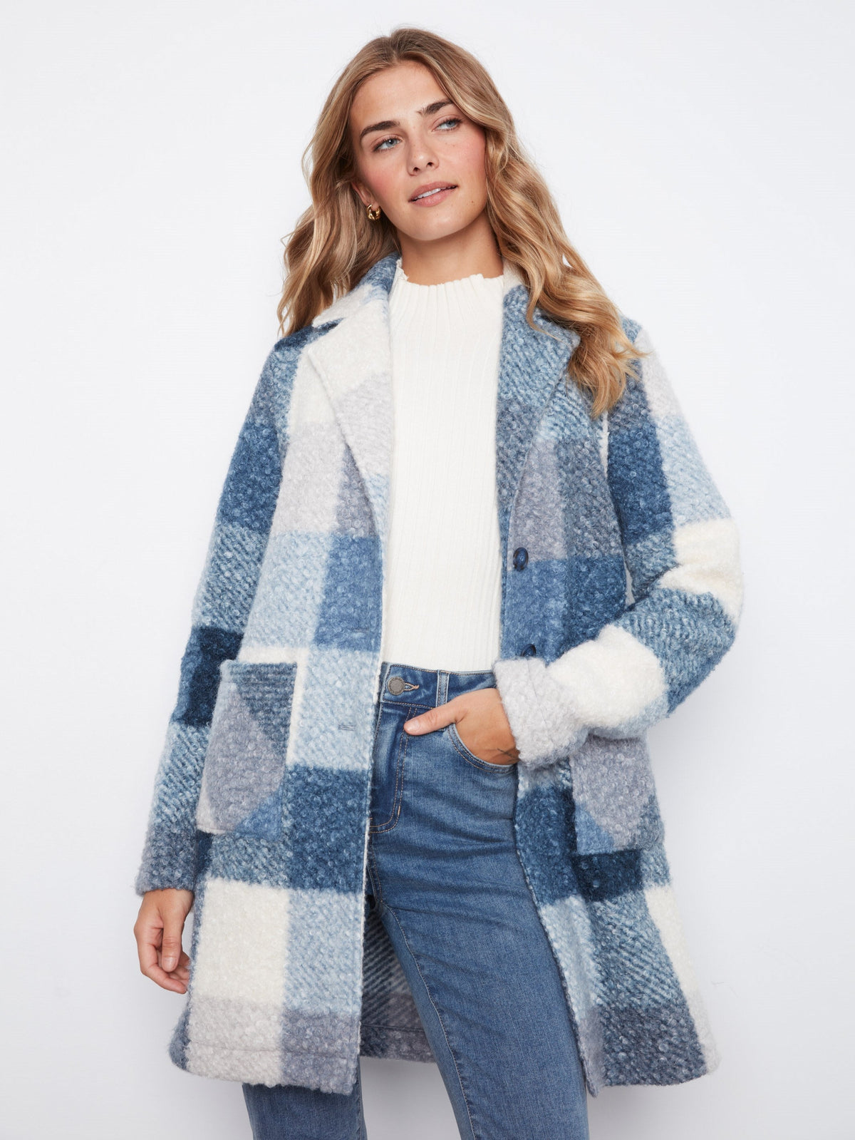 Plaid Bouclé Knit Coat - Storm