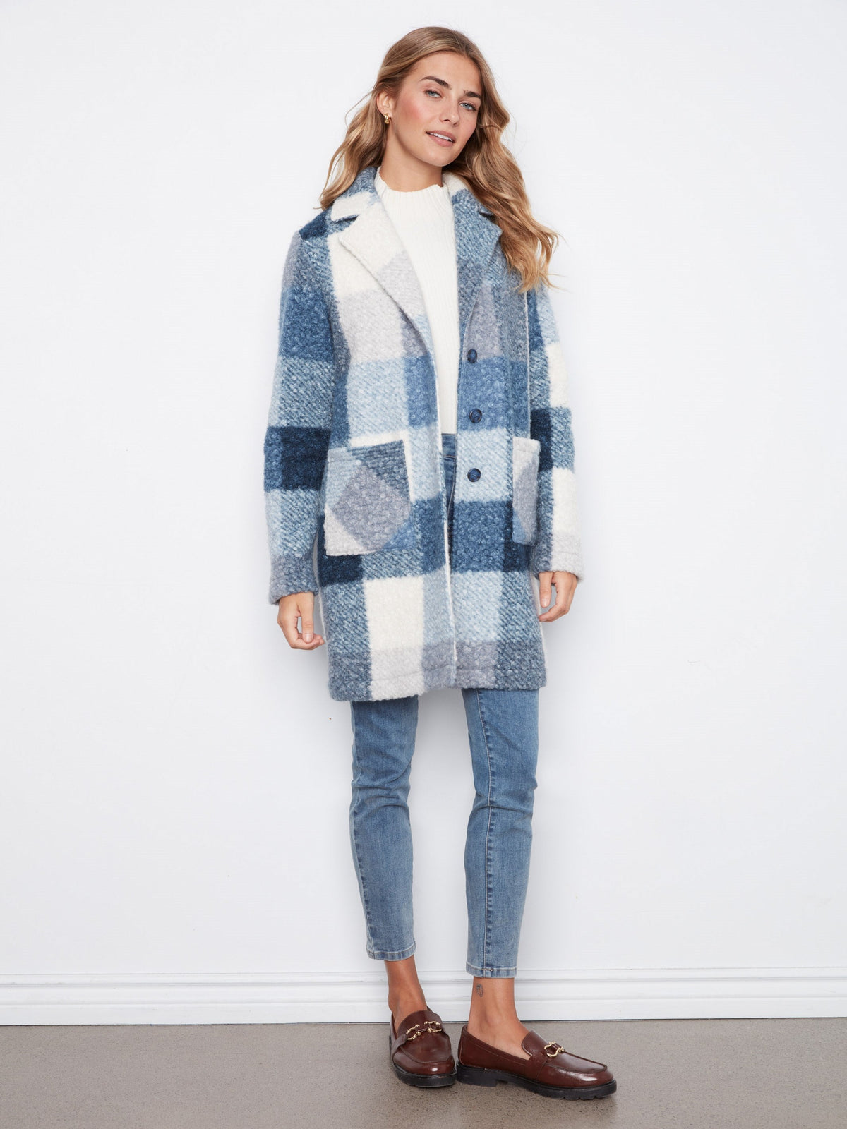 Plaid Bouclé Knit Coat - Storm