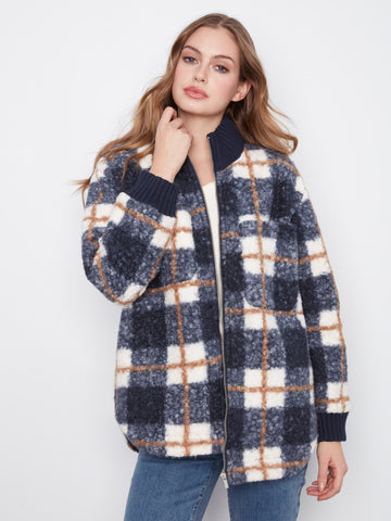 Plaid Bouclé Zip-Up Jacket - Midnight