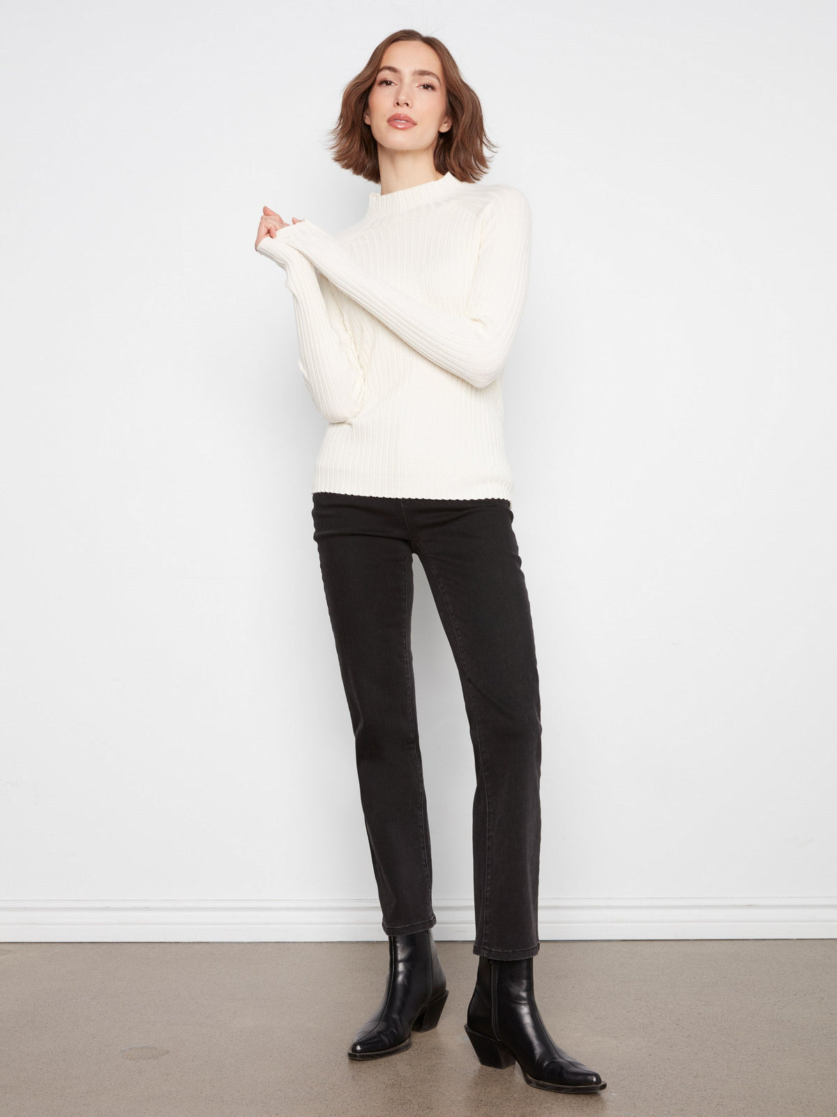 Ribbed Knit Mock Neck Sweater - Ecru