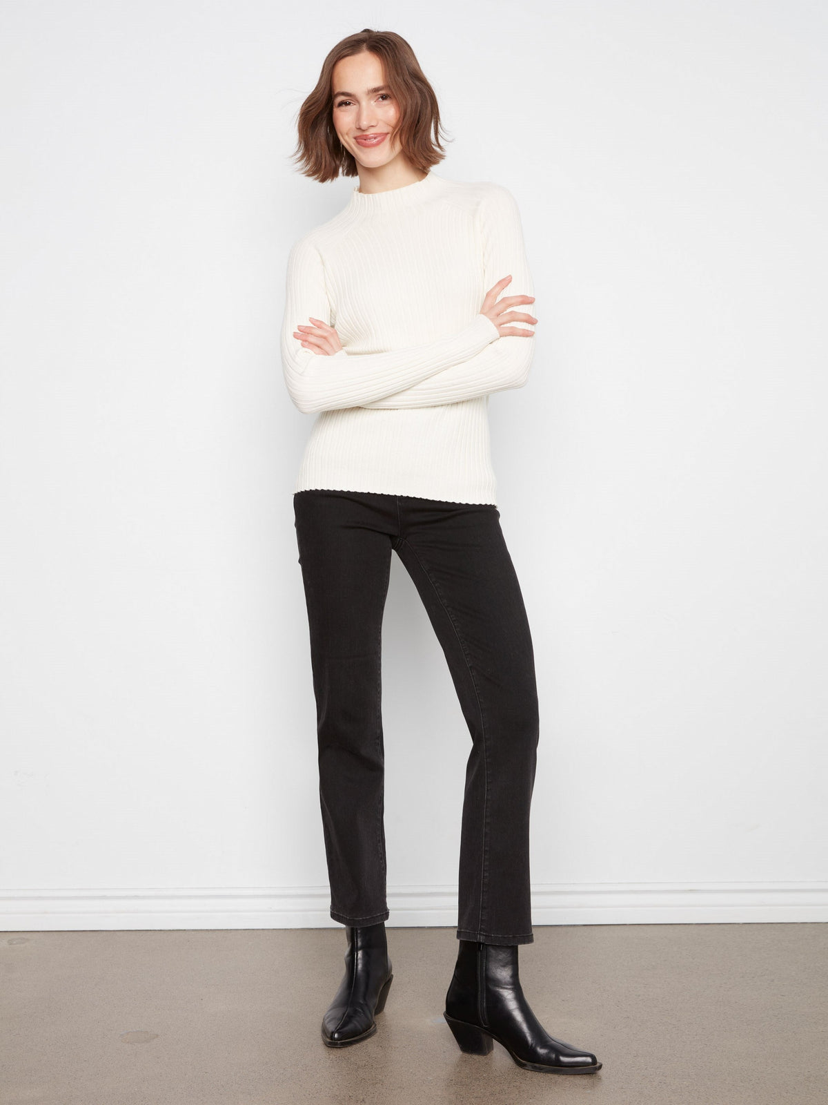 Ribbed Knit Mock Neck Sweater - Ecru