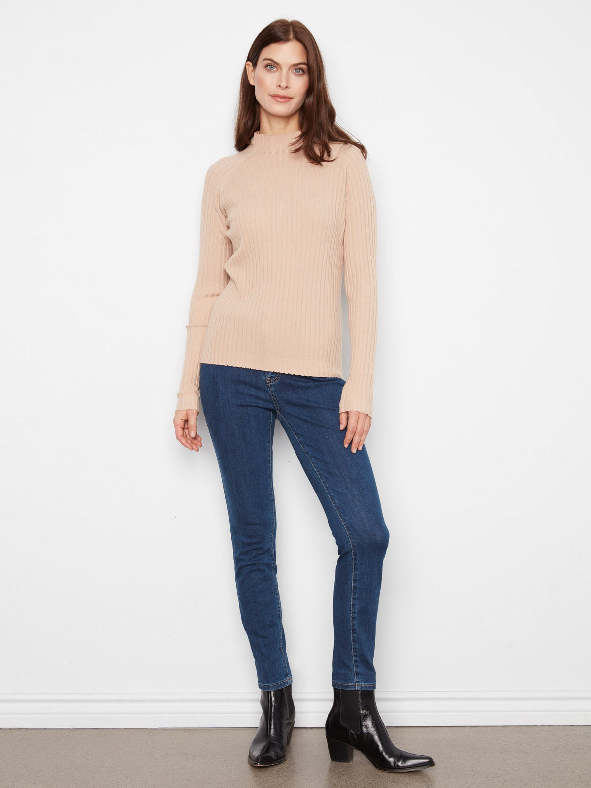 Ribbed Knit Mock Neck Sweater - Latte