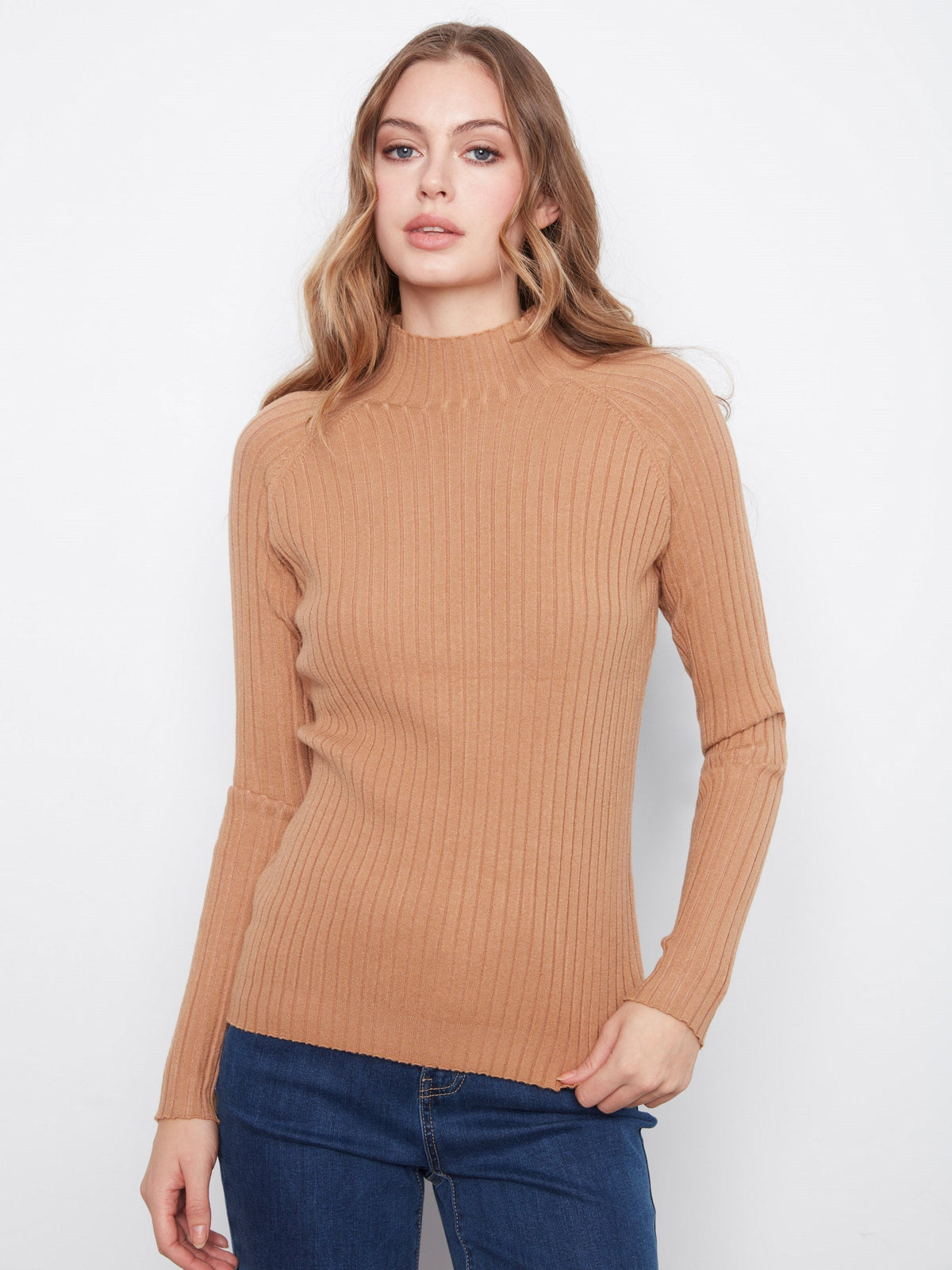 Ribbed Knit Mock Neck Sweater - Truffle