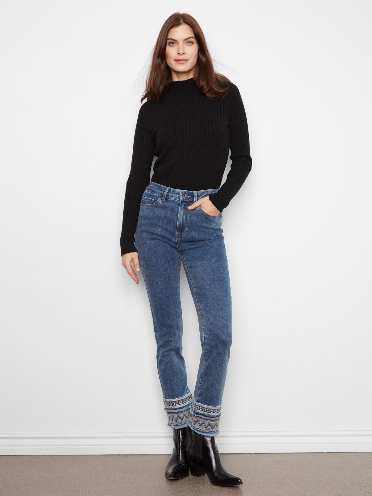 Slim Leg Jeans With Embroidered Hem - Medium Blue
