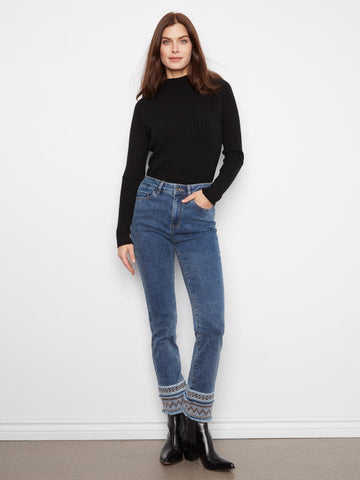Slim Leg Jeans With Embroidered Hem - Medium Blue