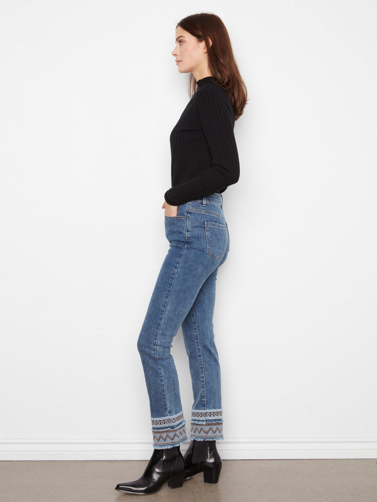 Slim Leg Jeans With Embroidered Hem - Medium Blue