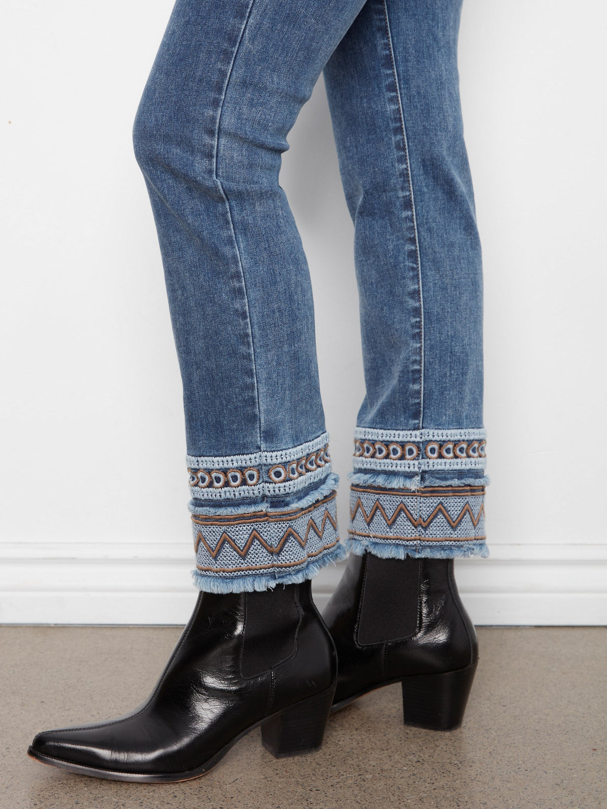Slim Leg Jeans With Embroidered Hem - Medium Blue