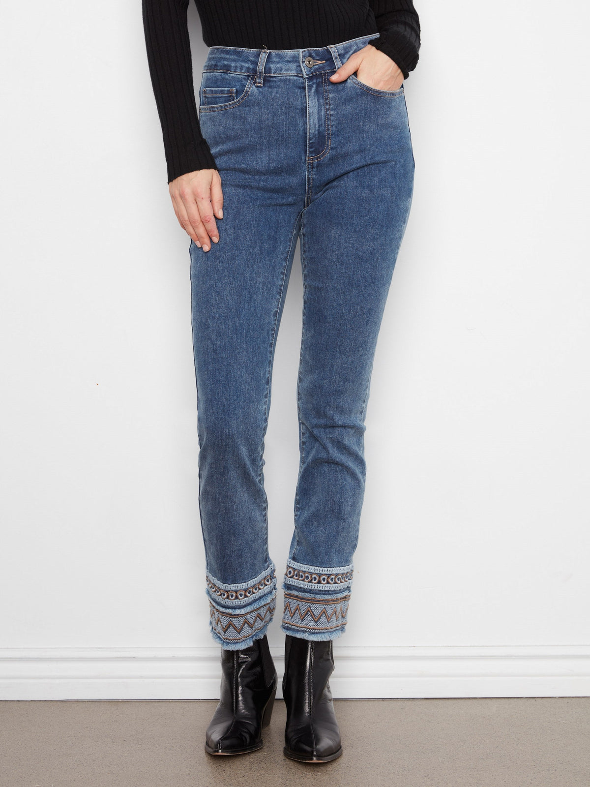 Slim Leg Jeans With Embroidered Hem - Medium Blue