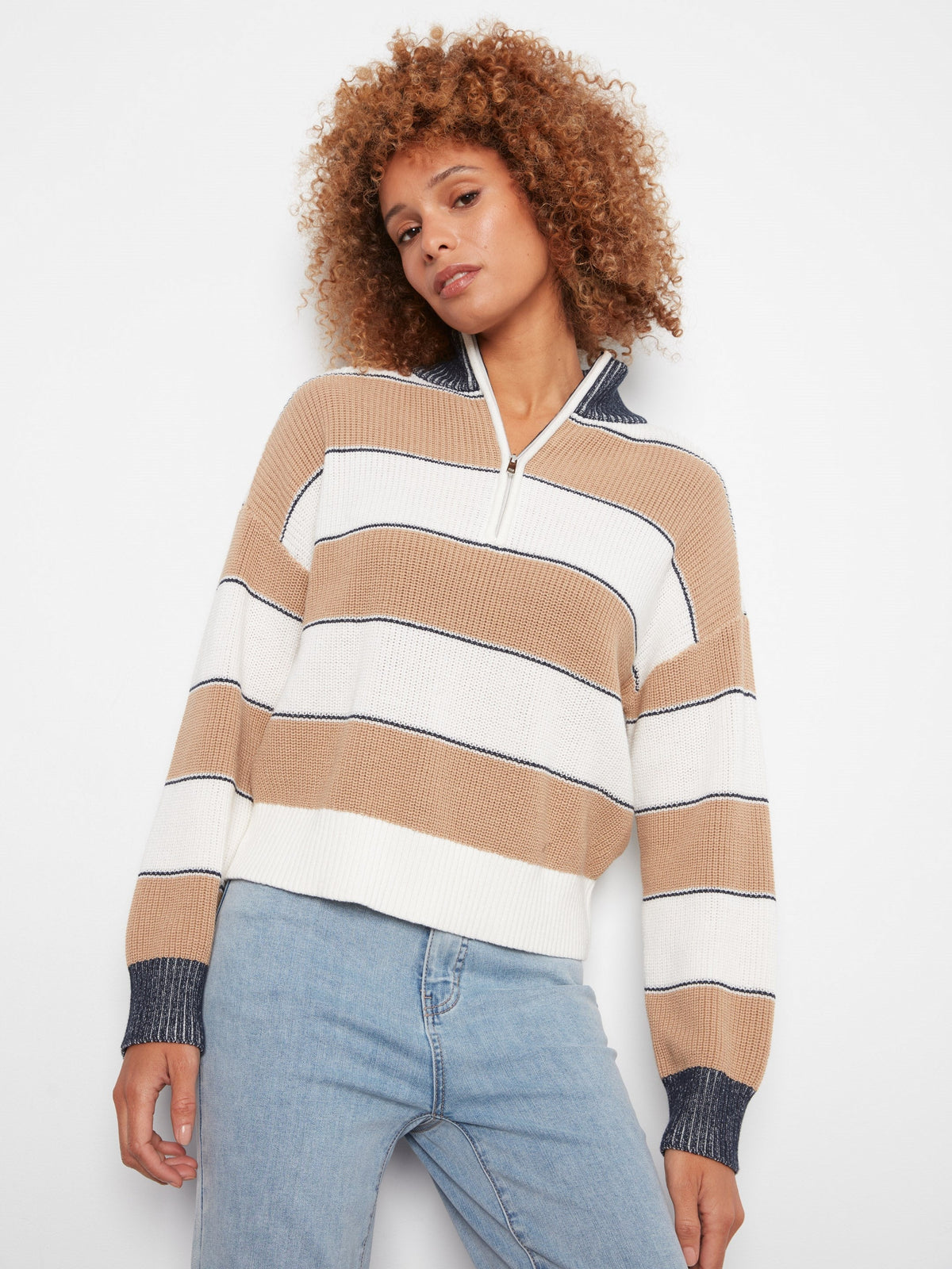 Striped Half-Zip Sweater - Camel