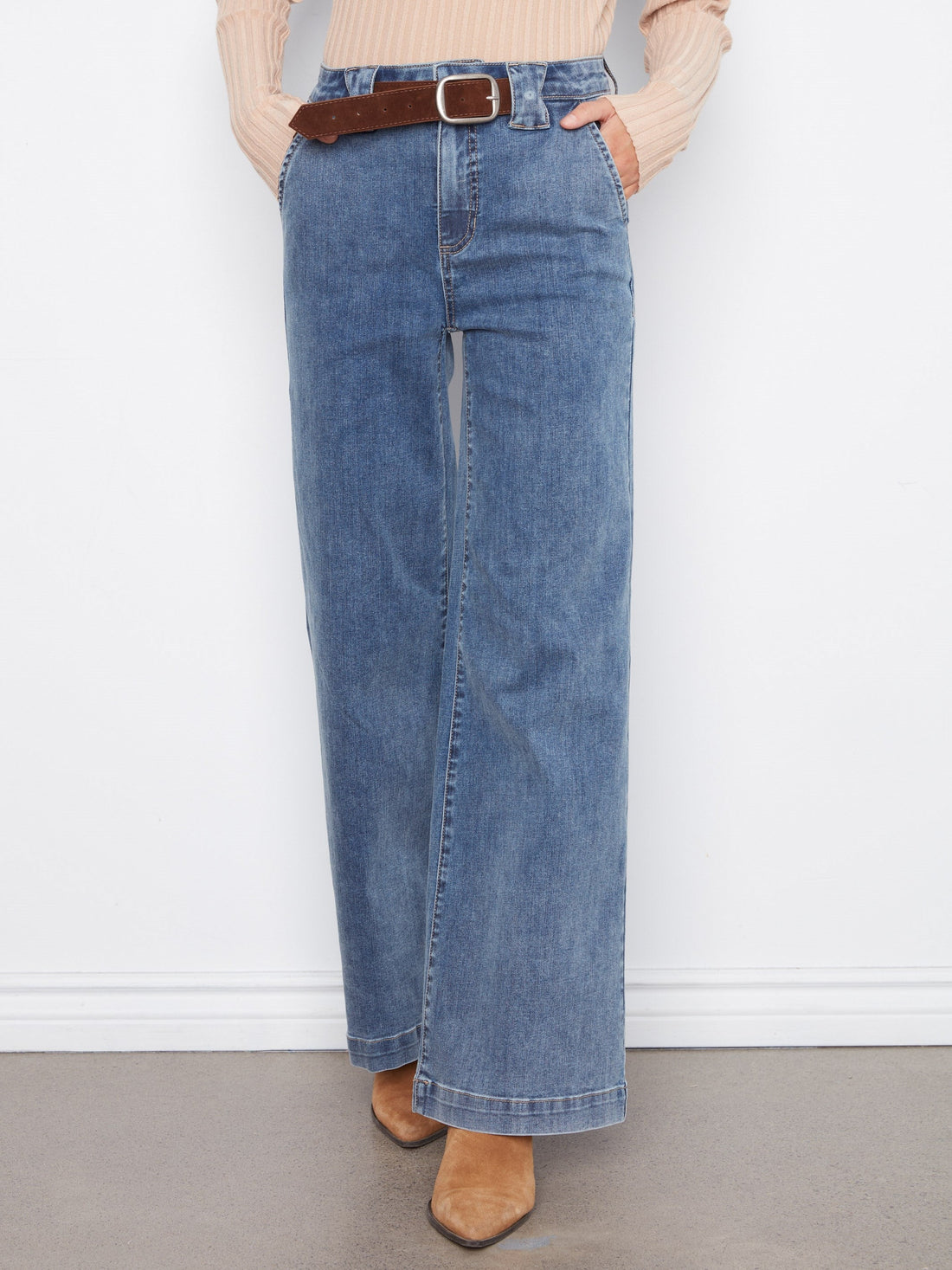 Wide Leg Jeans With Removable Belt - Medium Blue