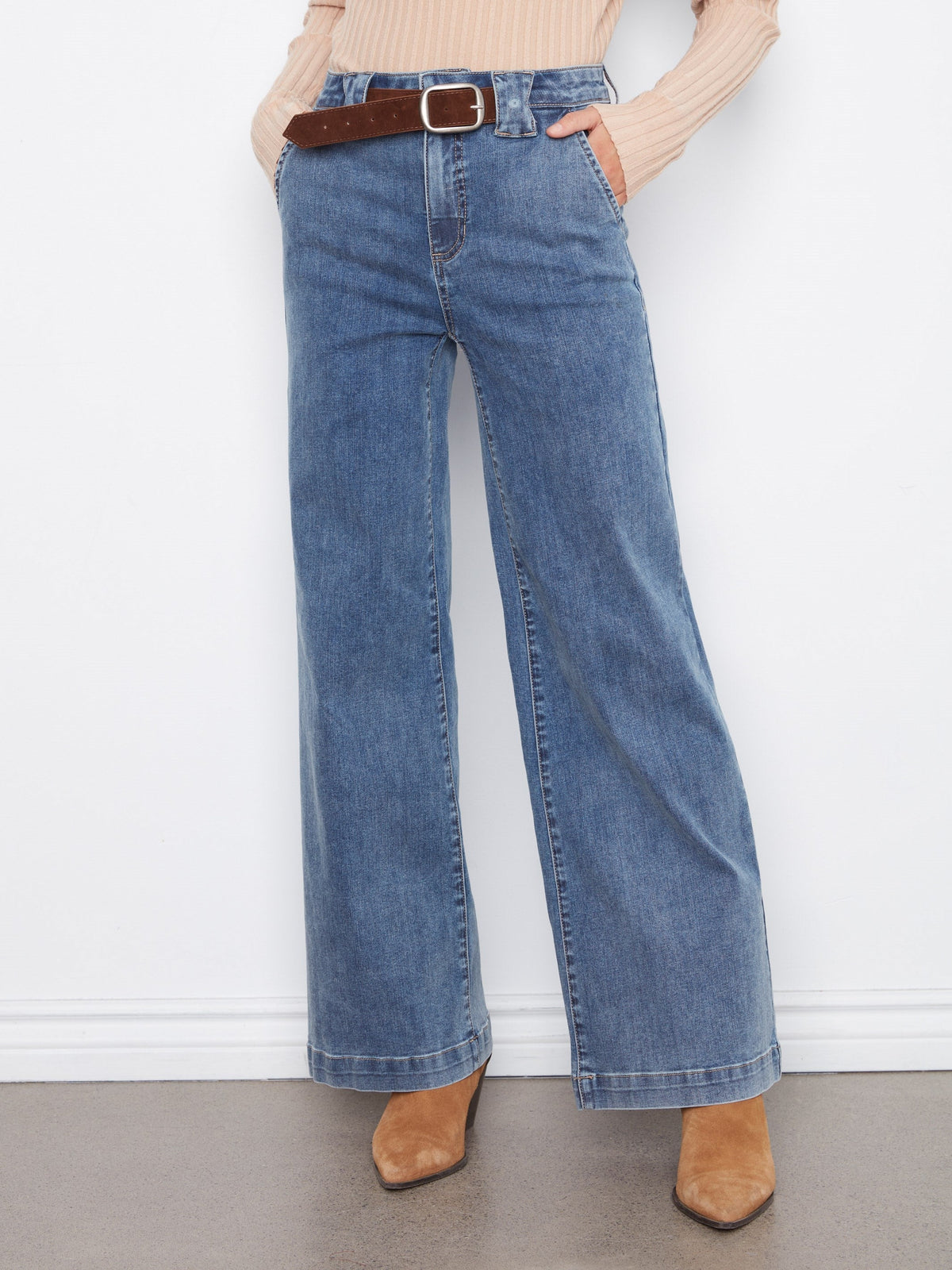 Wide Leg Jeans With Removable Belt - Medium Blue