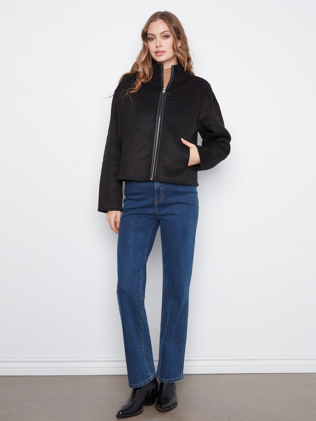 Wool Blend Bomber Jacket - Black