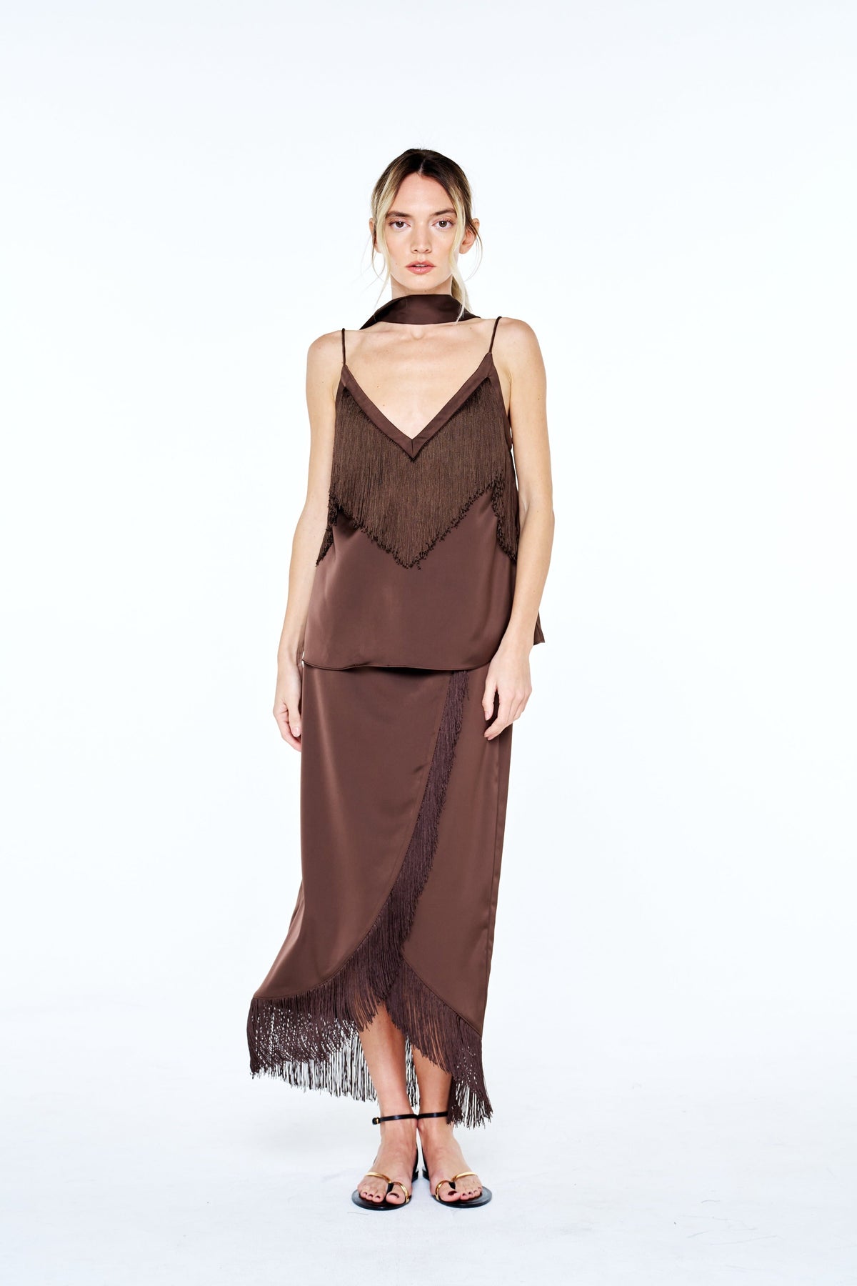 SANA FRINGED SATIN WRAP MIDI SKIRT