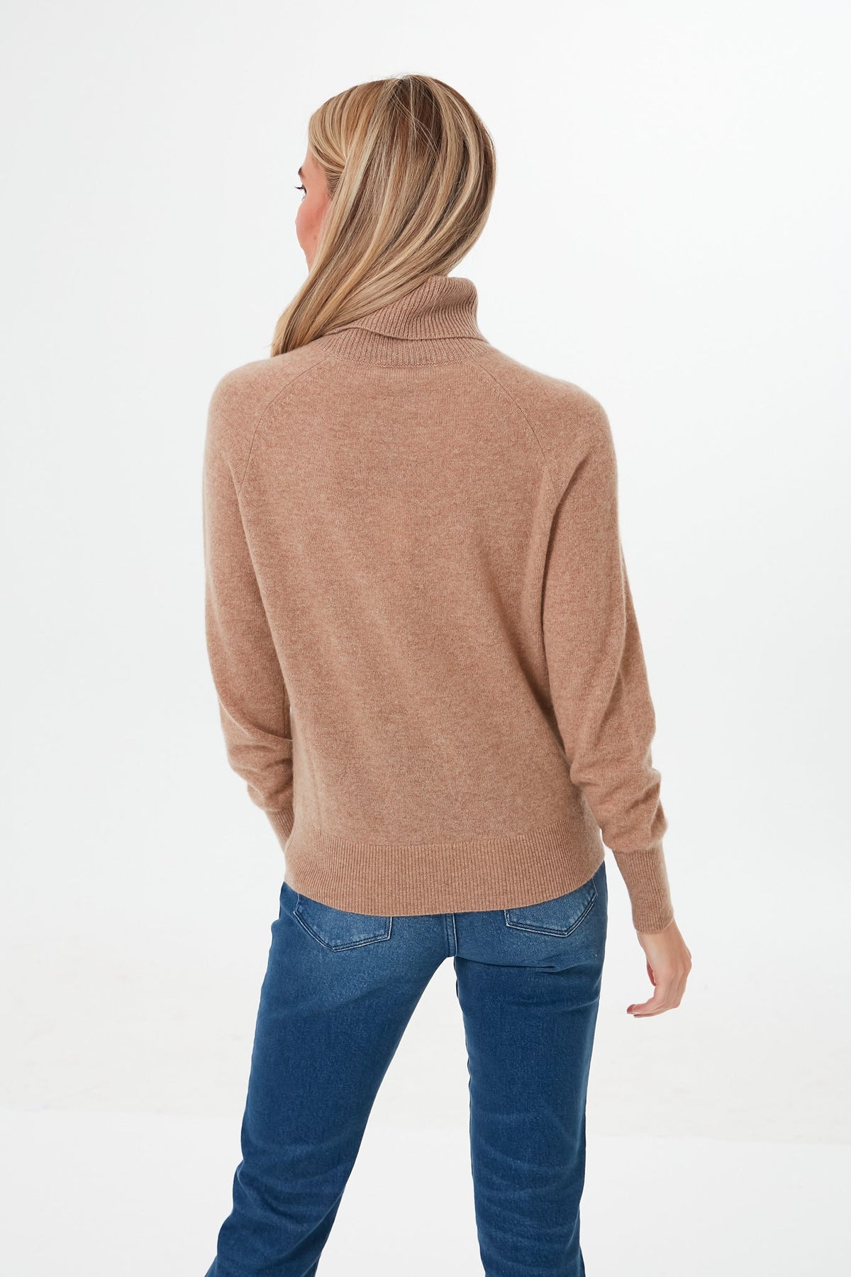 Camel Heather Ribbed Trim Cashmere Turtleneck