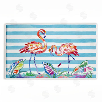 Paul Brent | Brushstroke Flamingos on Stripes Plush Bath Mat