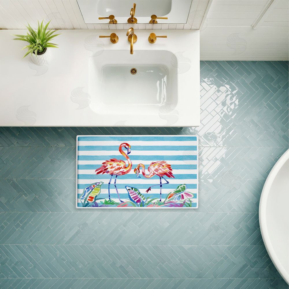 Paul Brent | Brushstroke Flamingos on Stripes Plush Bath Mat