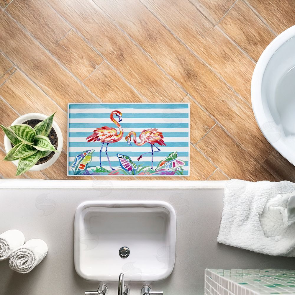 Paul Brent | Brushstroke Flamingos on Stripes Plush Bath Mat