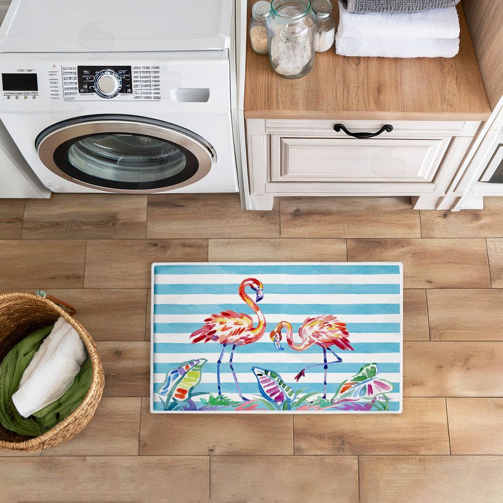 Paul Brent | Brushstroke Flamingos on Stripes Plush Bath Mat