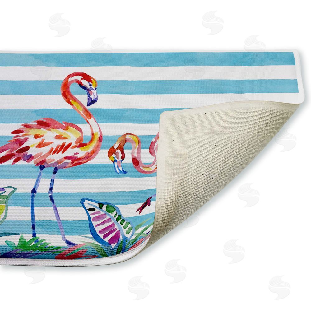 Paul Brent | Brushstroke Flamingos on Stripes Plush Bath Mat