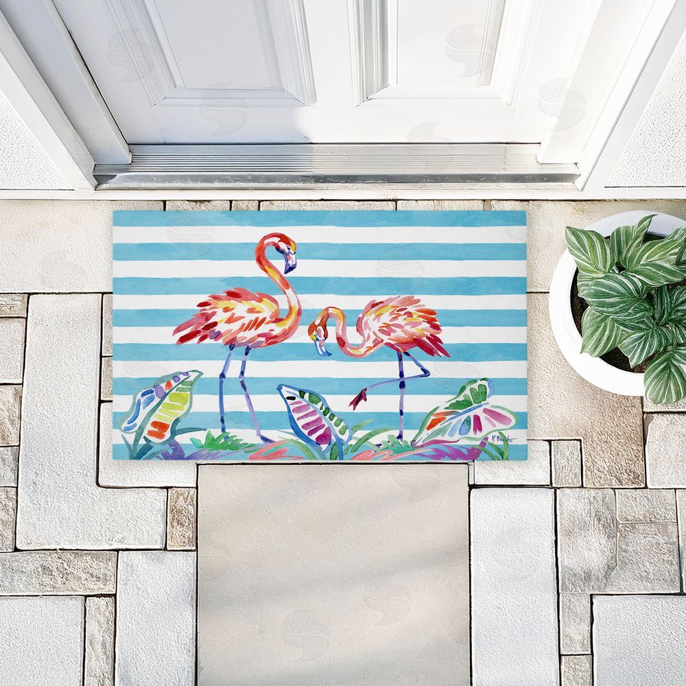 Paul Brent | Brushstroke Flamingos on Stripes Non-Woven Door Mat
